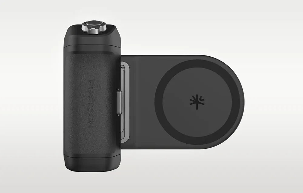 Black PGYTech MagCam 2 smartphone camera grip shown from the side on a gray background