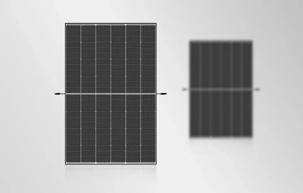 Dwa razy Trina Solar Panel pionowo na szarym tle, jeden z przodu wyraźny a drugi w tle rozmyty