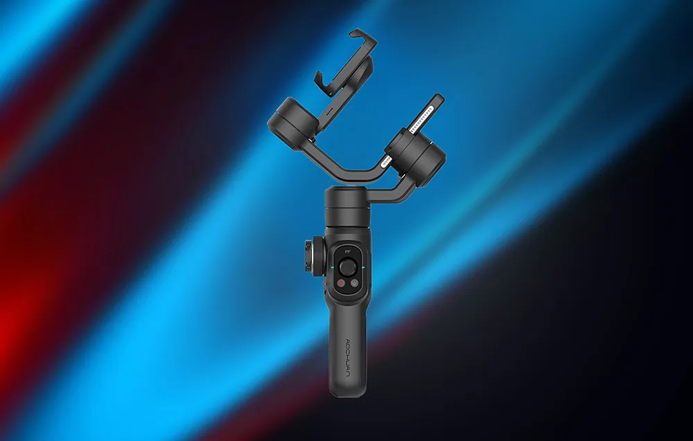 Czarny gimbal bez smartfona z widocznym mechanizmem trzech osi na granatowo-niebieskim tle.