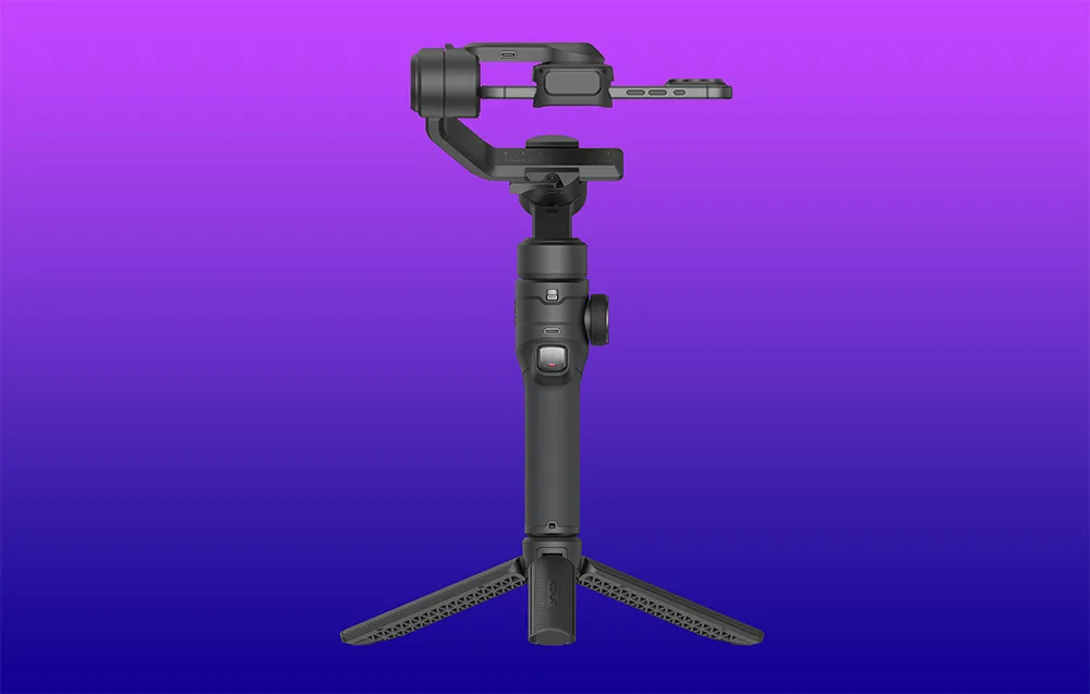 Gimbal na statywie pokazany z tyłu, z widoczną konstrukcją uchwytu na smartfon.
