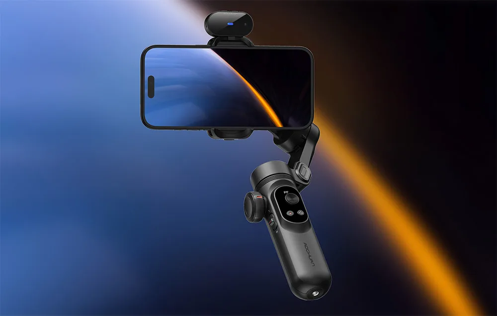 Gimbal ze smartfonem i modułem AI zamontowanym na górze, zaprezentowany na ciemnym, gradientowym tle.