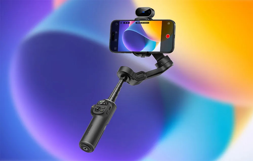 Gimbal ze smartfonem i modułem AI na górze, na gradientowym tle w odcieniach pomarańczowego i niebieskiego.