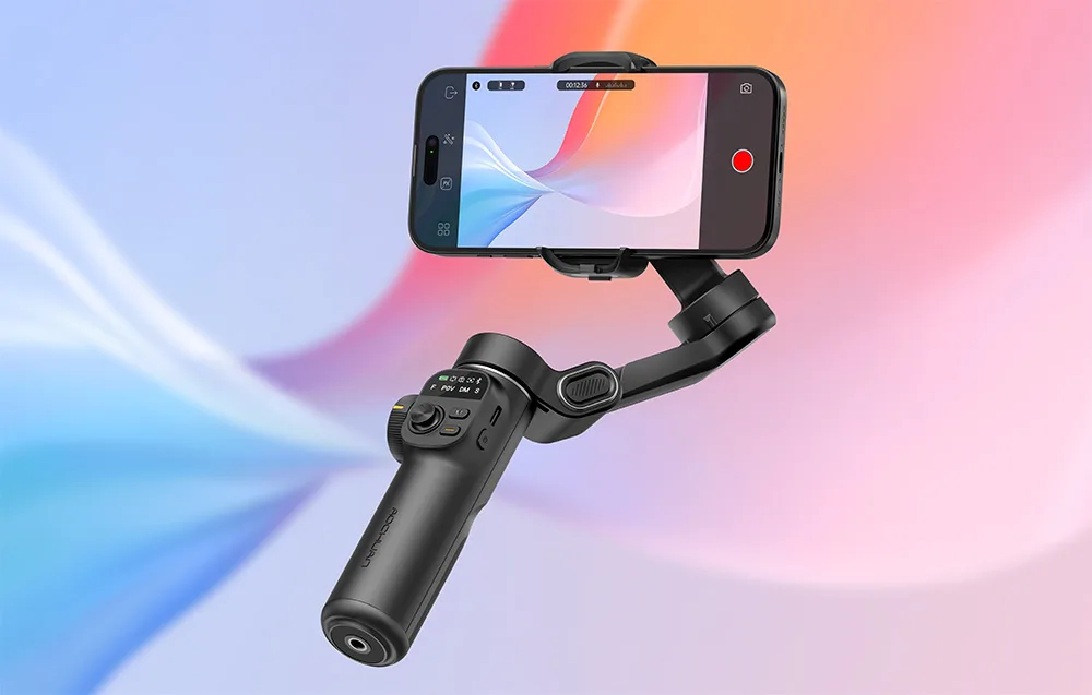 Gimbal do smartfona z telefonem w trybie nagrywania na kolorowym gradientowym tle.