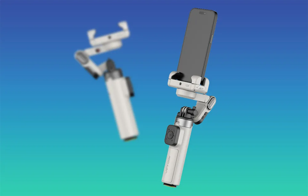 Two angled views of the white AOCHUAN M3 Pro Mini gimbal with a smartphone on a blue turquoise background.