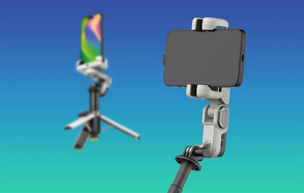 Front and rear views of the white AOCHUAN M3 Pro Mini gimbal with a smartphone on a blue turquoise background.
