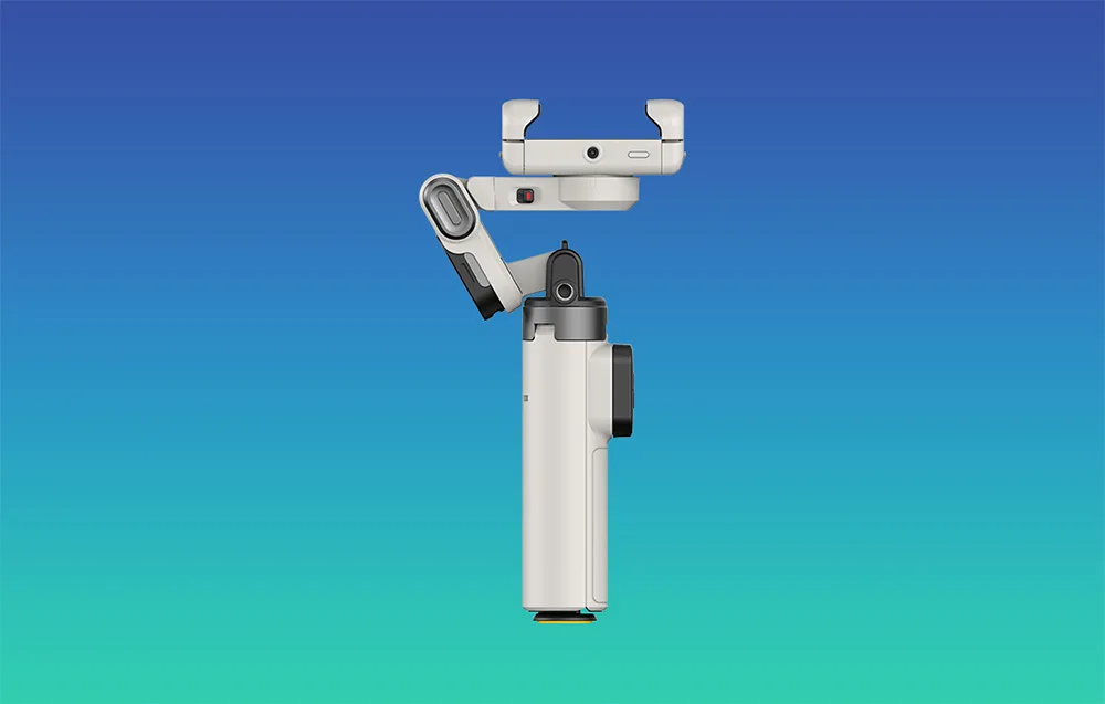 Folded white AOCHUAN M3 Pro Mini gimbal shown from the side on a blue turquoise background.