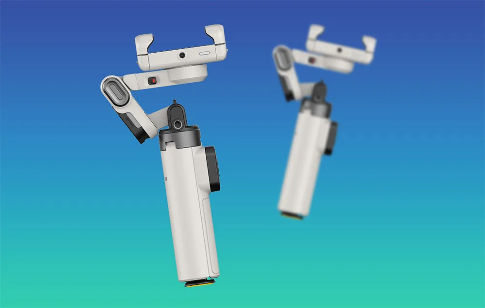 Two views of the white AOCHUAN M3 Pro Mini gimbal without a smartphone, showing the phone holder mechanism on a blue turquoise background.