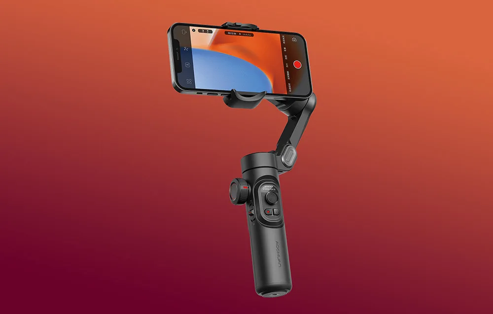 AOCHUAN XE Standard smartphone gimbal in recording mode on a red and orange gradient background