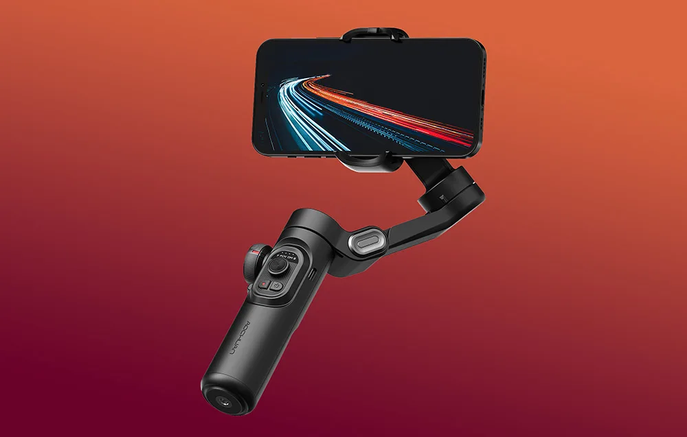 AOCHUAN XE handheld smartphone stabilizer displayed on a gradient background with dynamic lighting effects on the screen