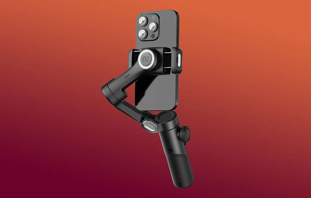 Rear view of the AOCHUAN XE gimbal with a mounted smartphone on a plain background