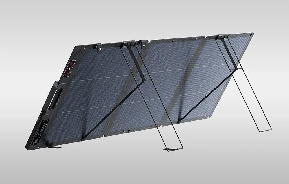 EcoFlow 160W foldable solar panel unfolded with kickstands on a gray background