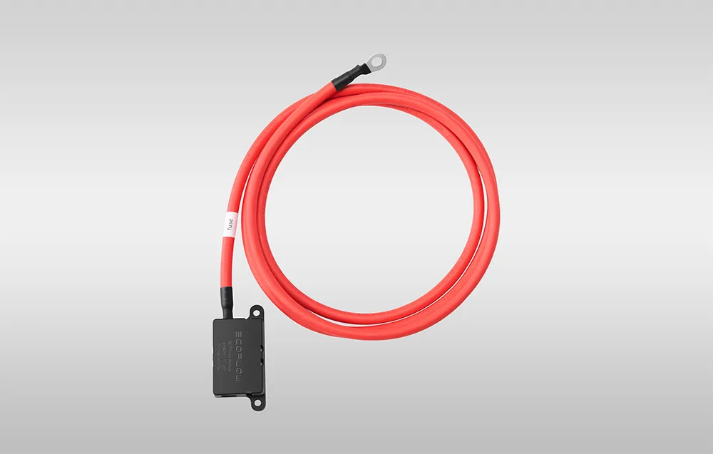 Coiled EcoFlow alternator charger extension cable with black module on a gray background