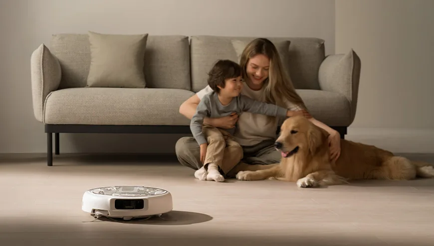Woman sitting on the floor with a child and a dog while the DJI Romo robot vacuum cleans nearby
