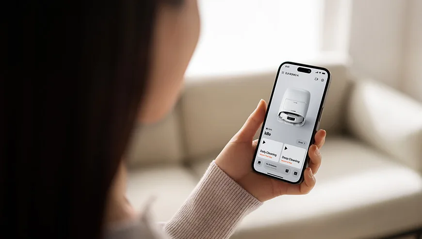 Woman holding a smartphone with the DJI Romo robot vacuum control app on the screen