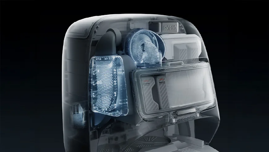 Visualization of the inside of the DJI ROMO docking station highlighting the filtration and drying system components