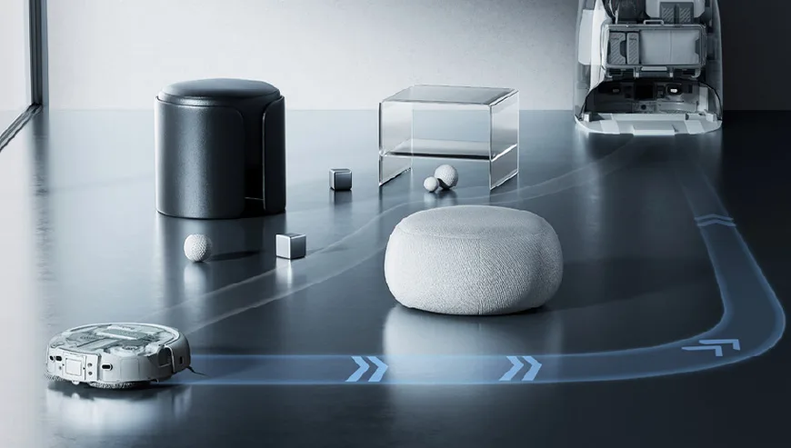 DJI ROMO P robot vacuum moving across the floor between obstacles with a blue route line showing its path