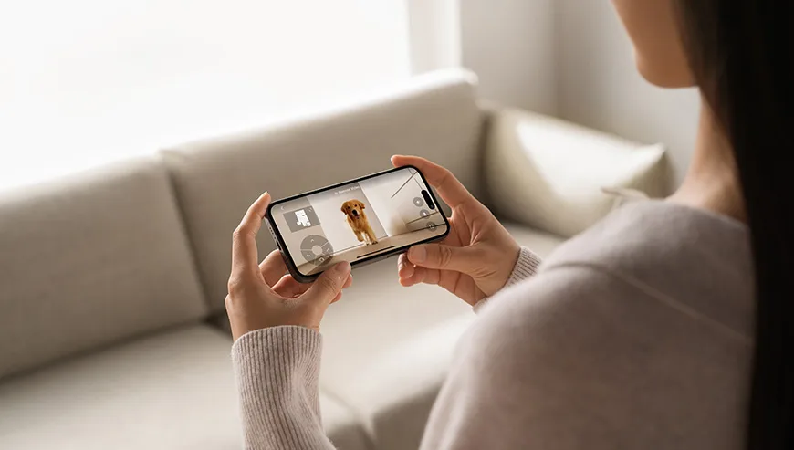 Kobieta trzyma smartfon z podglądem z kamery pokazującej psa na ekranie