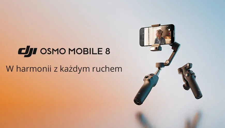 Baner z dwoma gimbalami i napisem DJI Osmo Mobile 8 W harmonii z każdym ruchem