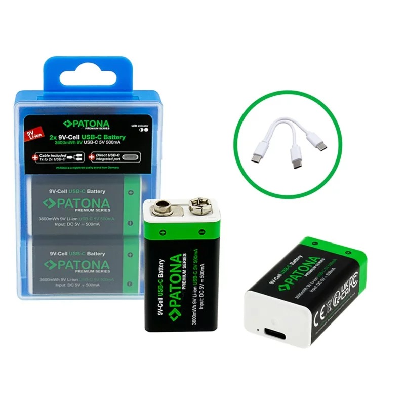 PATONA Premium 2x Akumulatory 9V 6F22 litowe 3600mWh z USB-C